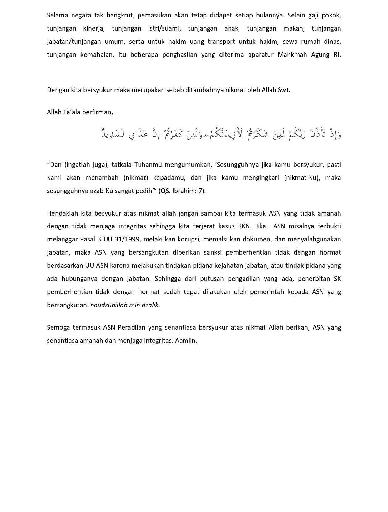 Syukur ASN Peradilan dan Menjaga Integritas.h